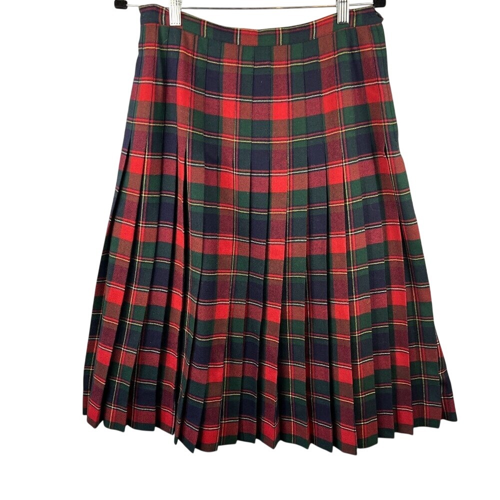 Vintage Carroll Reed Wool Red Tartan Plaid Pleated Midi Skirt Size 14 Preppy